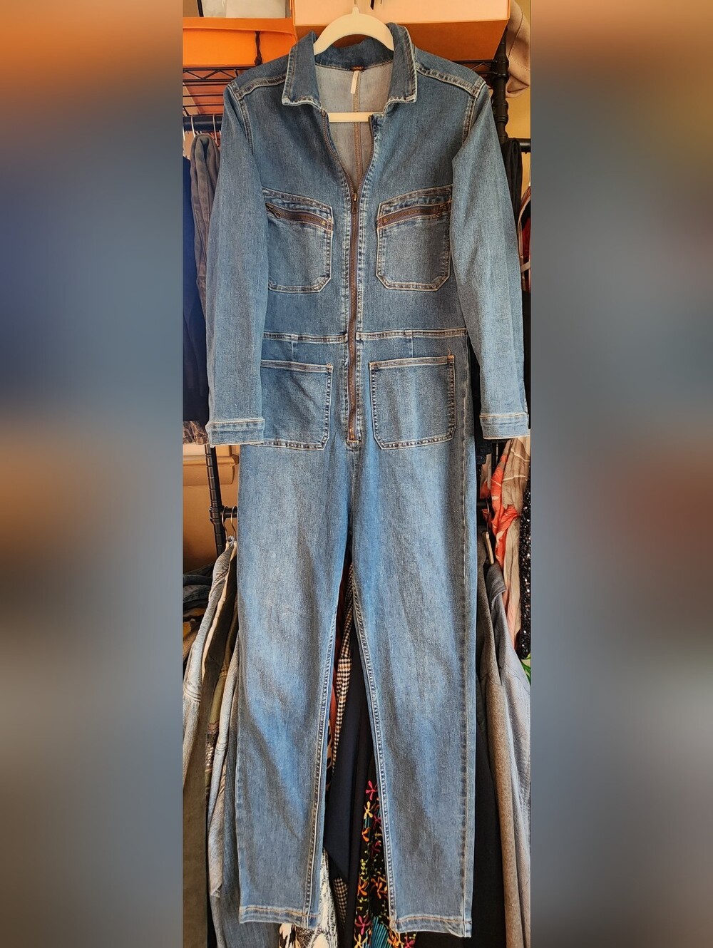 Free People Women's Denim Zip-Front Jumpsuit - Blue - Picture 2 of 10
